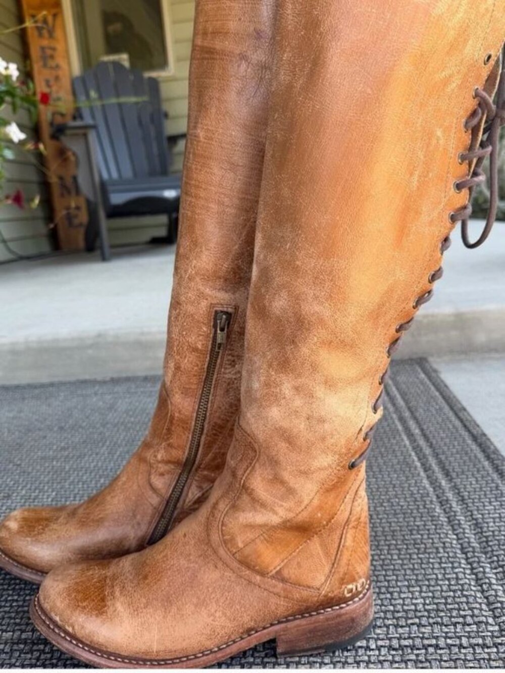 Bed|Stü "Manchester" Tall Lace-Up Rustic Tan Leather Boots - Size 8